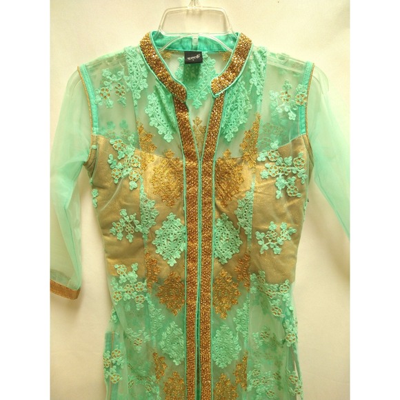womens fancy SOCTH turquois‎ & gold saree top and cover, size L - Picture 2 of 16